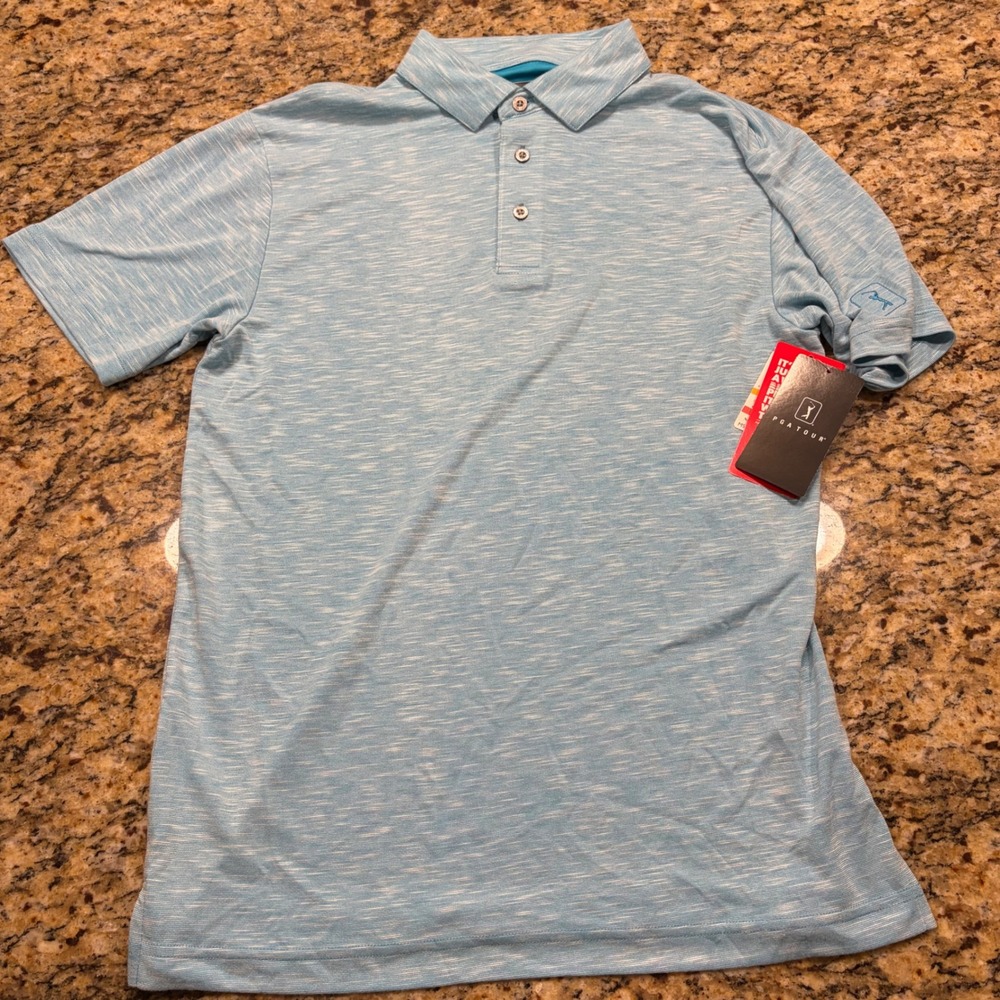 NEW PGA Tour Mens Small Light Blue Space Dye Short Sleeve Golf Polo Shirt ws